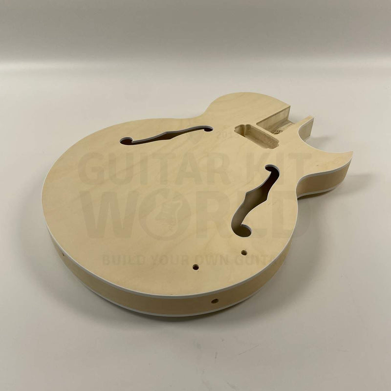 Hollow body guitar kit maple body front angle with f-holes