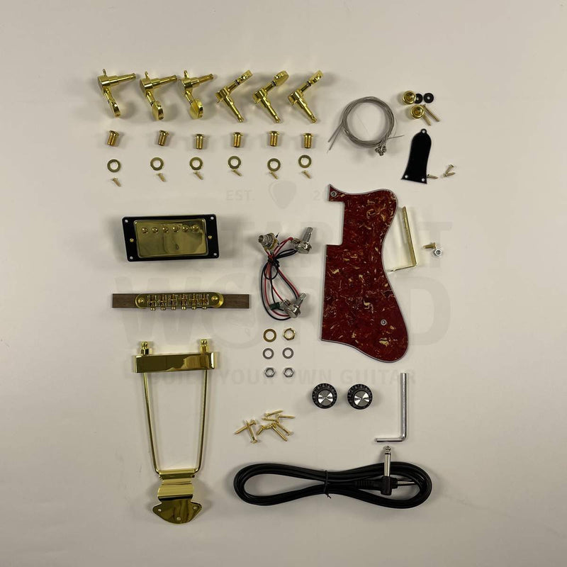 Hollow body guitar kit gold hardware including trapeze tailpiece floating archtop bridge and humbucker