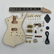 Flamed maple Hookline guitar kit contents: body, neck, gold hardware and wiring - Guitar Kit World