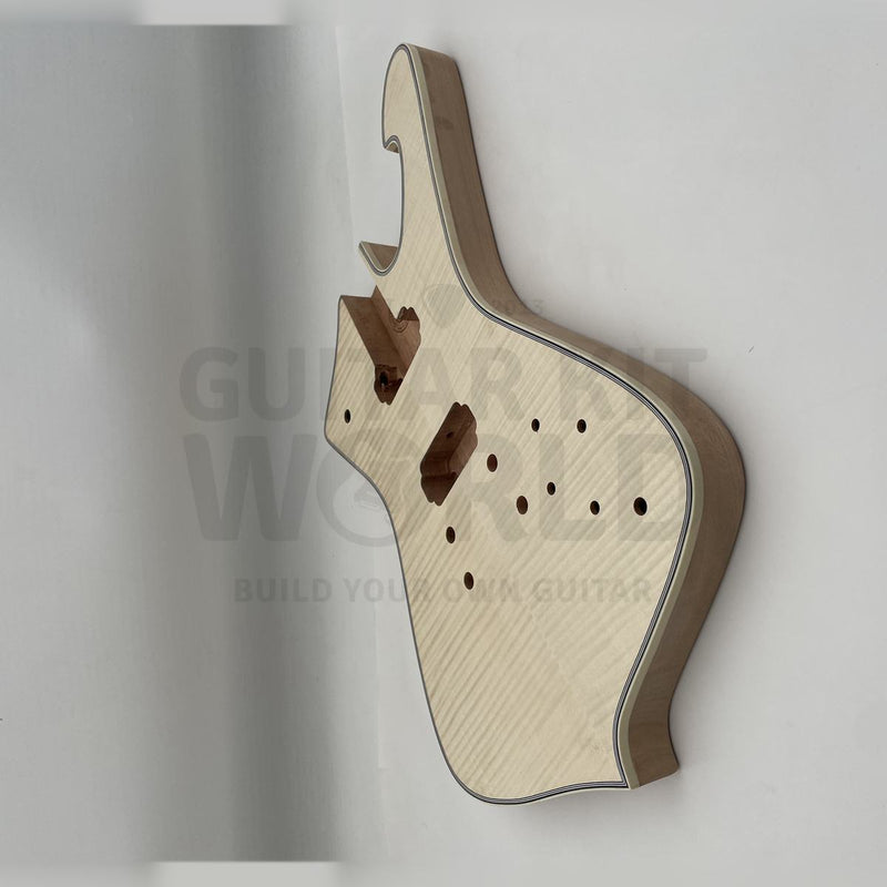 Angled flamed maple Hookline body with pre-routed pickup cavities - Guitar Kit World
