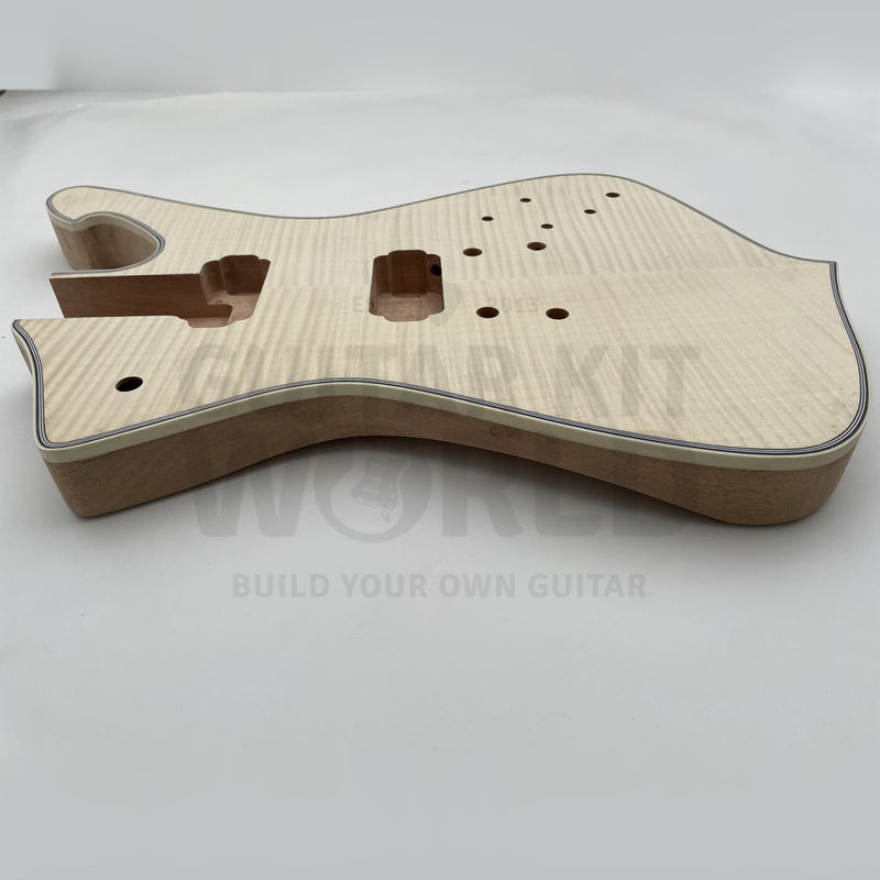 Flamed maple Hookline body edge showing the multi-ply ivory binding - Guitar Kit World
