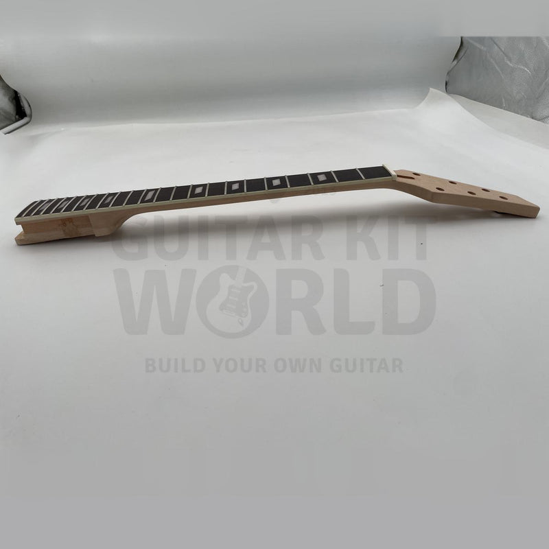 Angled rosewood fretboard of the flamed maple kit with parallelogram inlays - Guitar Kit World