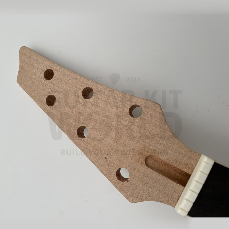 Unfinished 3+3 headstock of the flamed maple Hookline kit, pre-drilled - Guitar Kit World