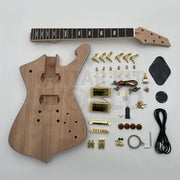 Mahogany Hookline guitar kit contents: body, neck, gold hardware and wiring - Guitar Kit World