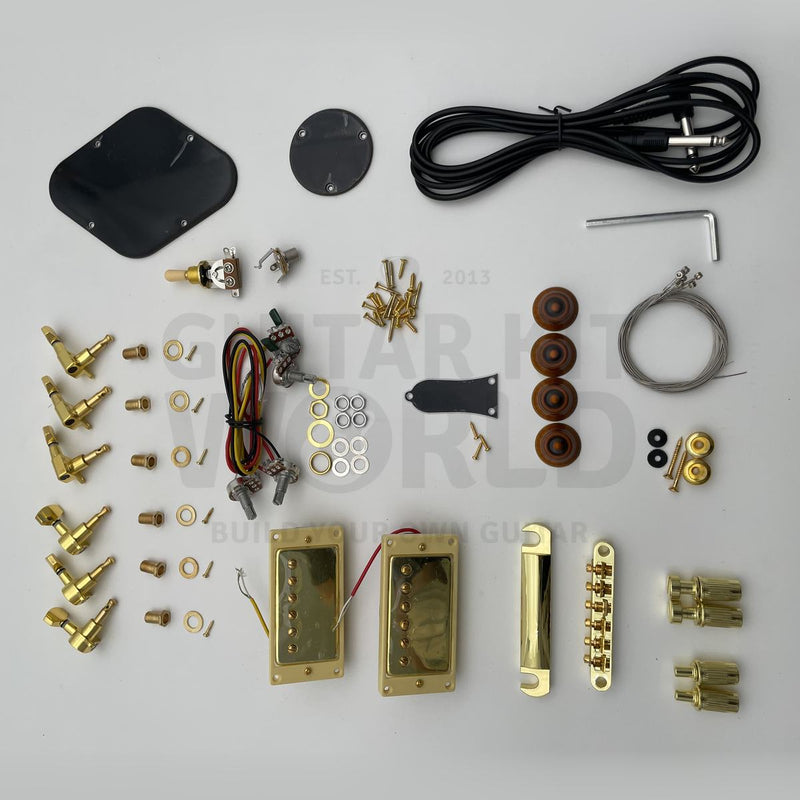Gold hardware set: humbuckers, tune-o-matic bridge, tuners, pots and knobs - Guitar Kit World