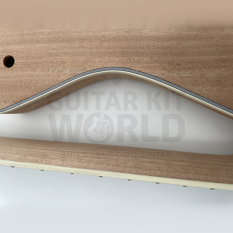 Close-up of the multi-ply ivory body binding and bound fretboard edge - Guitar Kit World