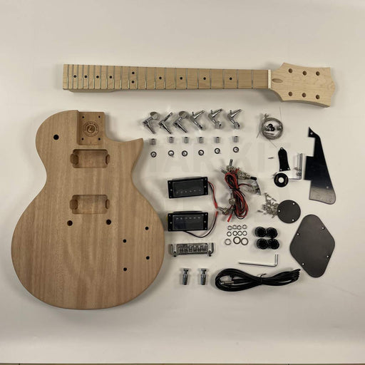 Guitar Kit World - LP-style DIY Guitar Kit - Complete kit flat lay with body, neck, hardware, and electronics