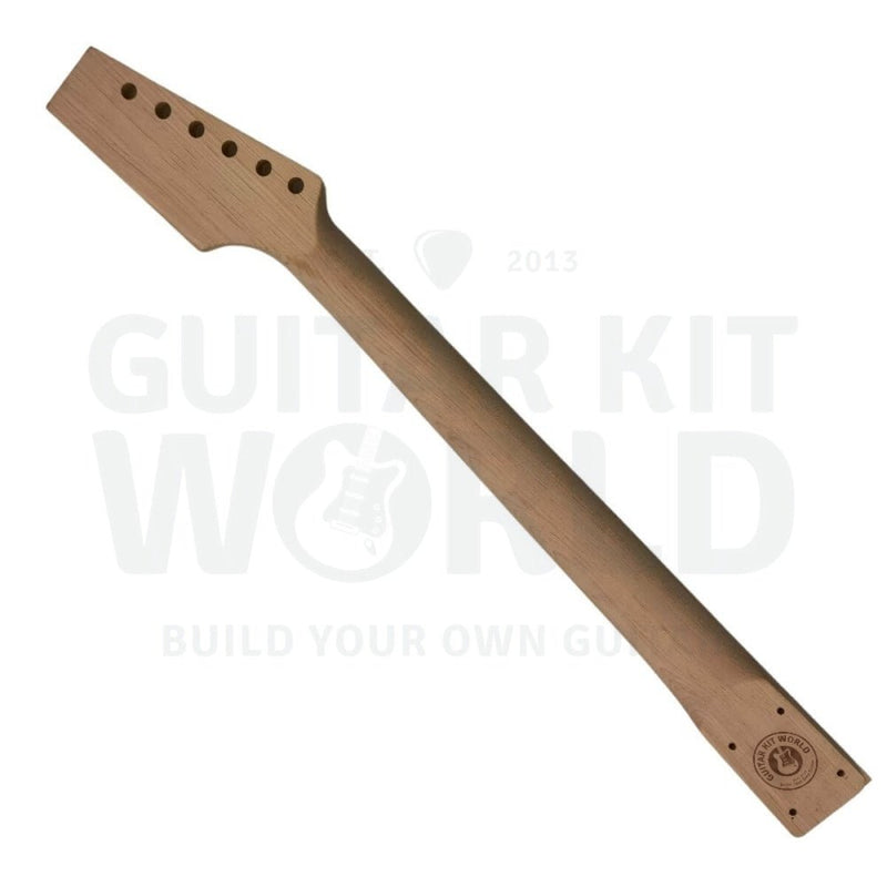 Mahogany offset body electric guitar kit with maple neck and fretboard, neck heel with Guitar Kit World stamp