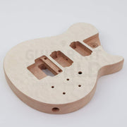 NI-RMFB-5264 body front at an angle: quilted maple top with humbucker and tremolo routes - Guitar Kit World