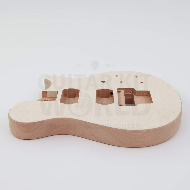 Low-angle view of the NI-RMFB-5264 body: mahogany sides and quilted maple top - Guitar Kit World