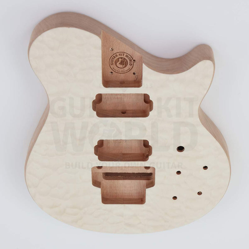 Top view of the NI-RMFB-5264 body: pickup, tremolo and control holes pre-drilled, neck pocket with brand stamp - Guitar Kit World