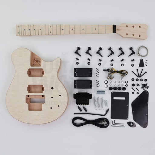 Complete NI-RMFB-5264 guitar kit laid out: quilted maple top body, bolt-on maple neck, hardware - Guitar Kit World
