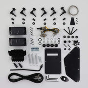 Hardware set for the NI-RMFB-5264 kit: locking tremolo, two humbuckers, six tuners, wiring harness, black knobs and covers - Guitar Kit World
