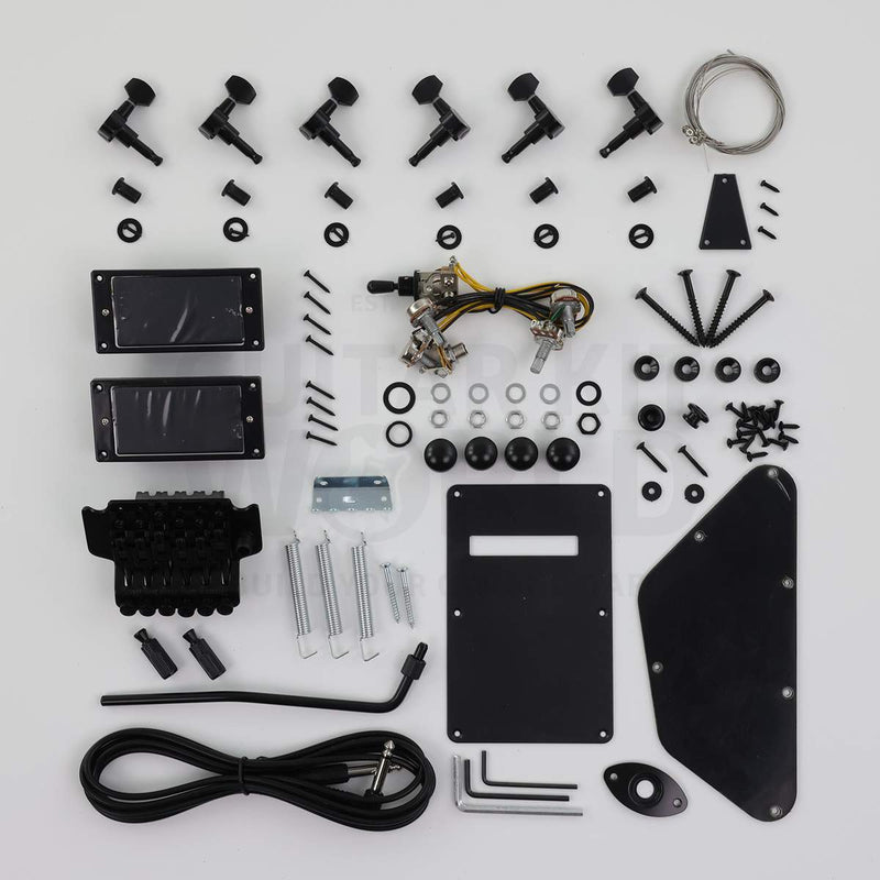 Hardware set for the NI-RMFB-5264 kit: locking tremolo, two humbuckers, six tuners, wiring harness, black knobs and covers - Guitar Kit World