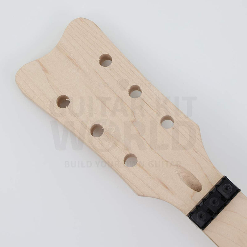 Headstock close-up on the NI-RMFB-5264 maple neck: straight top, tapered sides, six tuner holes in a 3+3 layout - Guitar Kit World