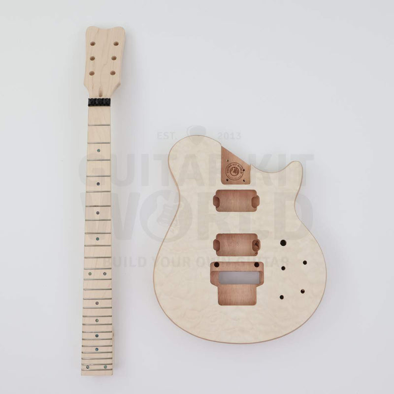 NI-RMFB-5264 maple neck laid out beside the quilted maple top body - Guitar Kit World