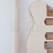 Close-up of the NI-RMFB-5264 neck pocket with Guitar Kit World stamp beside the maple neck edge - Guitar Kit World