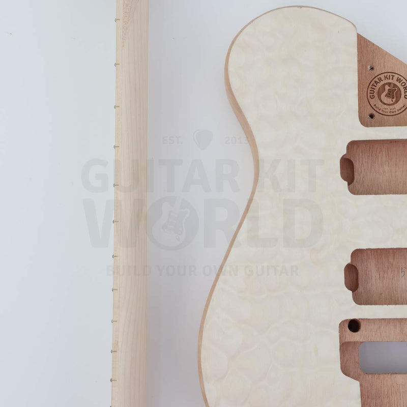 Close-up of the NI-RMFB-5264 neck pocket with Guitar Kit World stamp beside the maple neck edge - Guitar Kit World