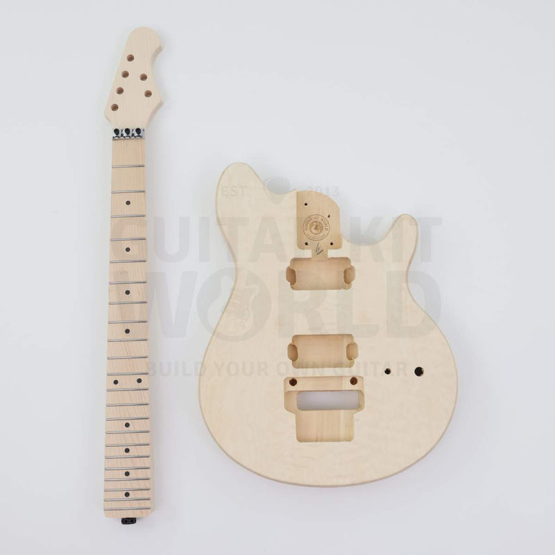 Marblo double-locking tremolo quilted maple DIY guitar kit, body and maple neck side by side