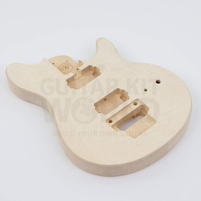 Marblo double-locking tremolo quilted maple DIY guitar kit, body at an angle from the treble side