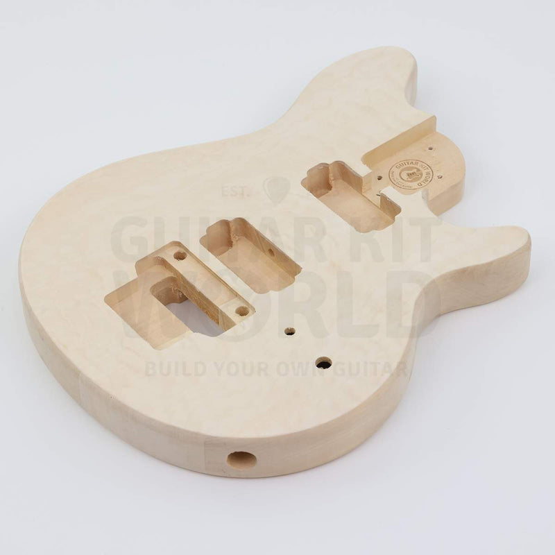 Marblo double-locking tremolo quilted maple DIY guitar kit, body at an angle showing the quilted maple top