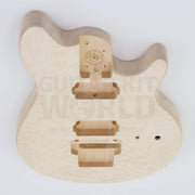Marblo double-locking tremolo quilted maple DIY guitar kit, body front with quilted maple veneer