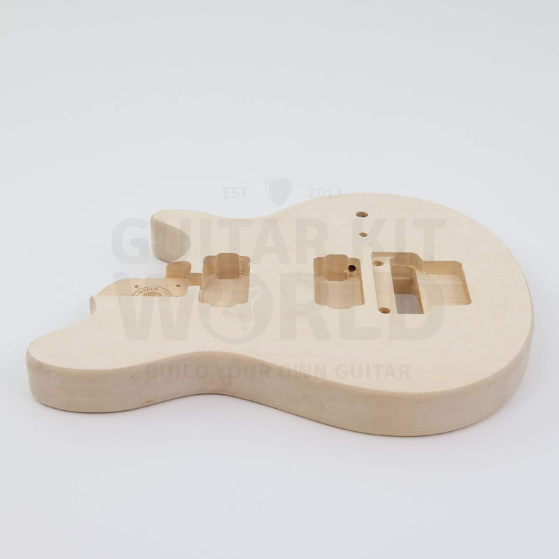 Marblo double-locking tremolo quilted maple DIY guitar kit, body side view