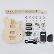 Marblo double-locking tremolo quilted maple DIY guitar kit, complete kit flat lay with 3+3 headstock and all hardware