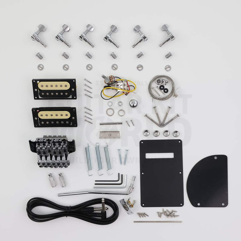 Marblo double-locking tremolo quilted maple DIY guitar kit, hardware and electronics: tremolo, humbuckers, tuners, covers