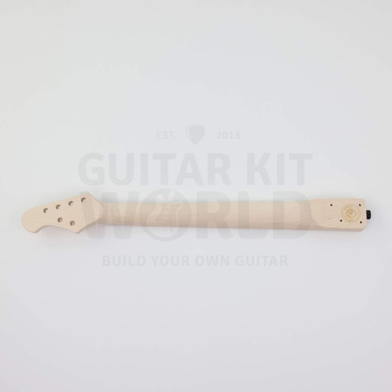 Marblo double-locking tremolo quilted maple DIY guitar kit, back of the maple neck