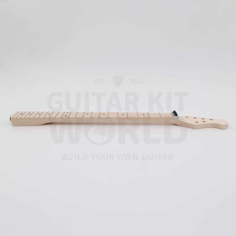 Marblo double-locking tremolo quilted maple DIY guitar kit, maple neck side view with side dots