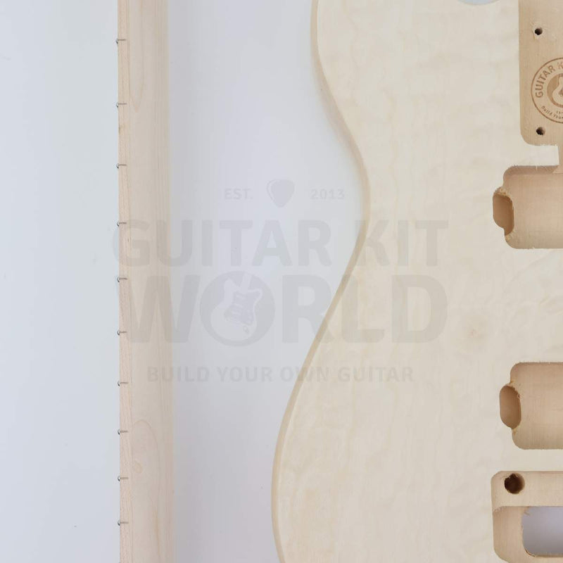 Marblo double-locking tremolo quilted maple DIY guitar kit, quilted maple veneer close-up