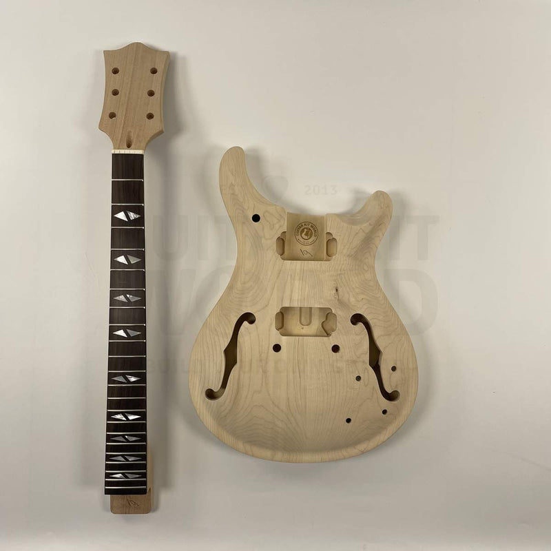 Guitar Kit World - PR-style Semi-Hollow DIY Guitar Kit - Body and neck flat lay