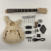 Guitar Kit World - PR-style Semi-Hollow DIY Guitar Kit - Complete kit flat lay with body, neck, hardware, and electronics