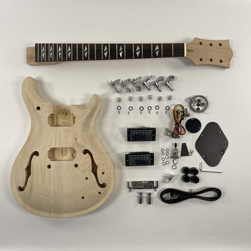 Guitar Kit World - PR-style Semi-Hollow DIY Guitar Kit - Complete kit flat lay with body, neck, hardware, and electronics