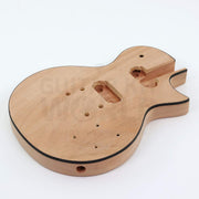 Single-cutaway guitar kit body angle showing the side output jack hole and black binding