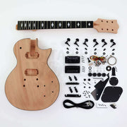 Single-cutaway DIY electric guitar kit, complete: mahogany body with black binding, set neck with White Pearloid diamond inlays, black humbuckers and black hardware
