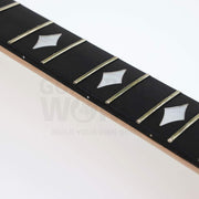 Close-up of White Pearloid diamond inlays and white side dots on the ebonized fretboard