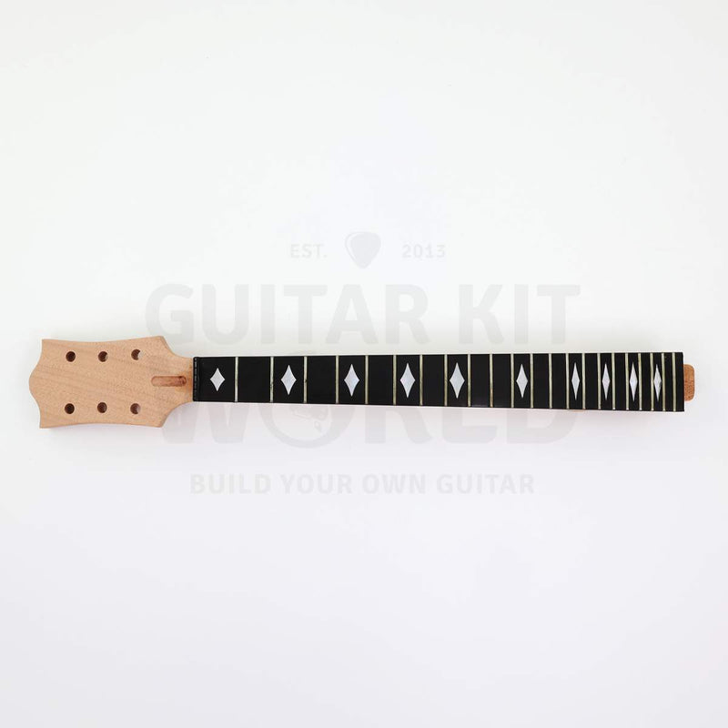 Mahogany set neck with ebonized fretboard and White Pearloid diamond inlays, 22 frets