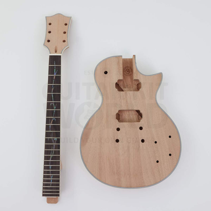 Single-cutaway guitar kit body and bound neck side by side