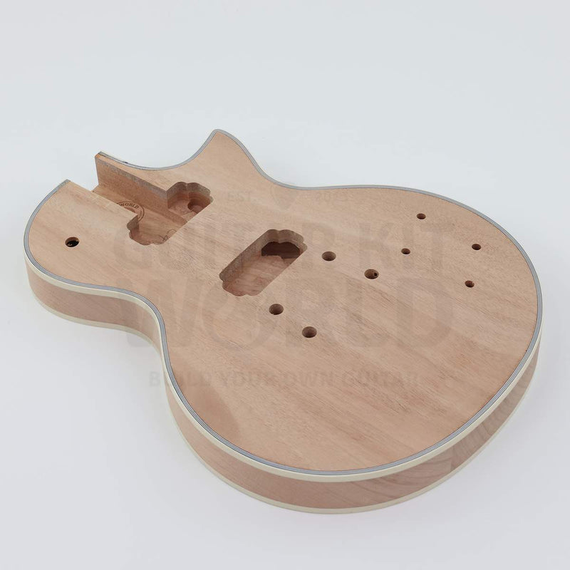 Single-cutaway guitar kit body angle showing multi-ply top binding and set-neck pocket