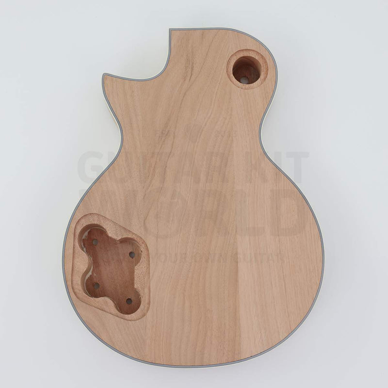 Single-cutaway guitar kit body back, mahogany with multi-ply ivory binding and rear control cavity