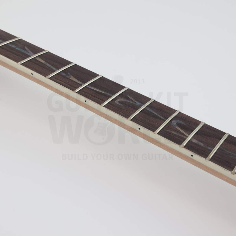 Bound rosewood fretboard close-up with ivory binding, black side dots and Abalone Pearloid Vinework inlay