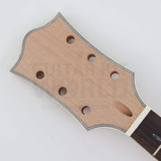 Single-cutaway guitar kit headstock with multi-ply ivory binding, 3+3 tuner holes and pre-installed nut