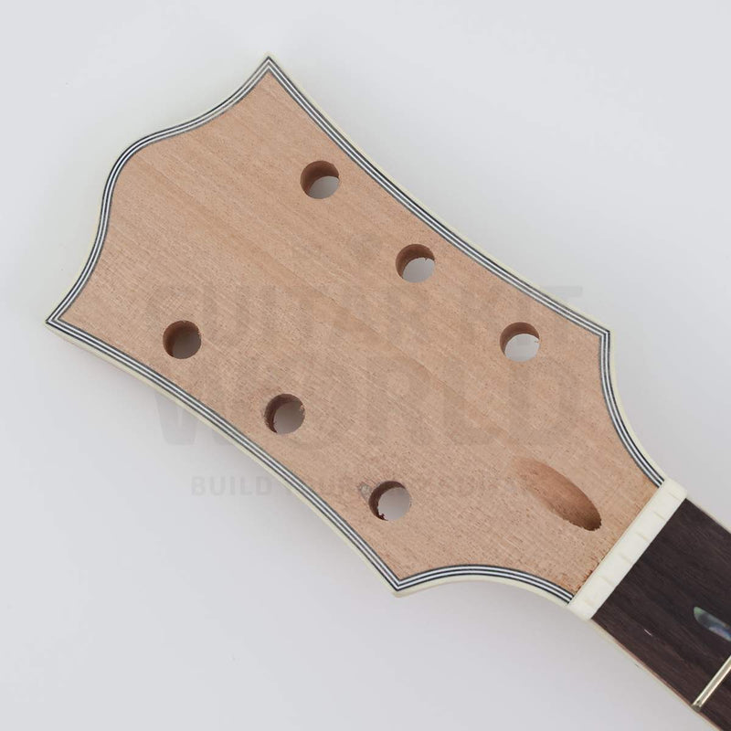 Single-cutaway guitar kit headstock with multi-ply ivory binding, 3+3 tuner holes and pre-installed nut