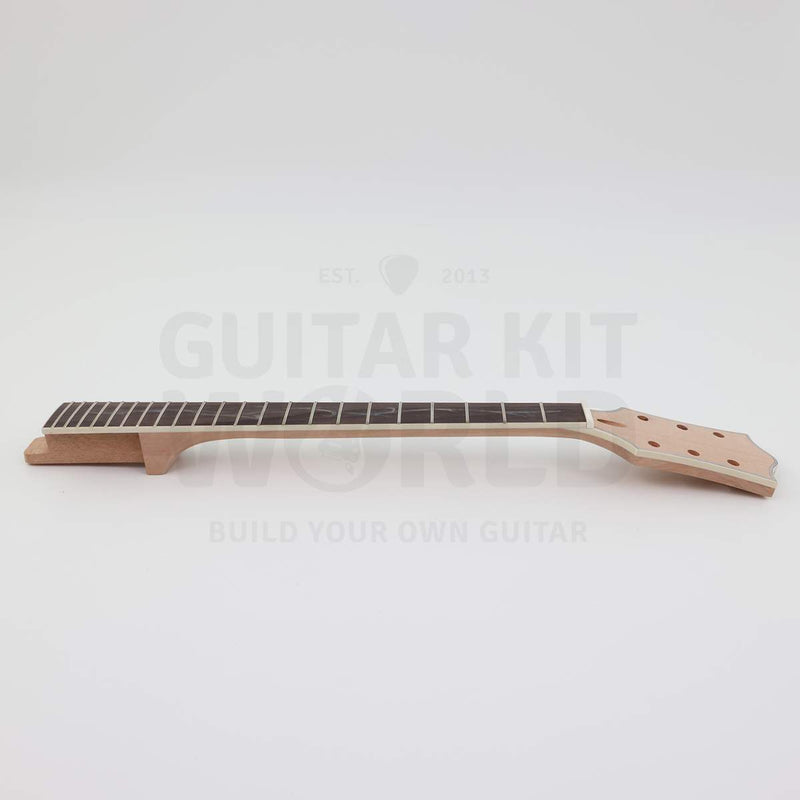 Side view of the set neck showing the long tenon and bound fretboard