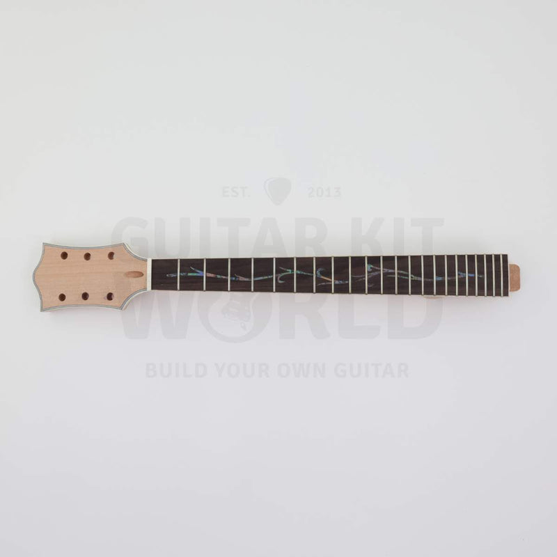 Single-cutaway guitar kit neck with Abalone Pearloid Vinework inlay on a rosewood fretboard, 22 frets