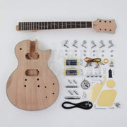 Single-cutaway DIY electric guitar kit, complete: mahogany body, bound neck with Abalone Pearloid Vinework inlays, humbuckers and chrome hardware