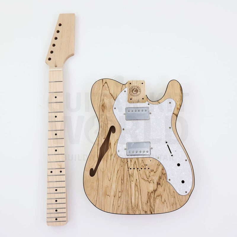 Spalted maple semi-hollow guitar kit with two humbuckers, body front and maple neck