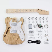 Spalted maple semi-hollow guitar kit with two humbuckers, complete kit flat lay